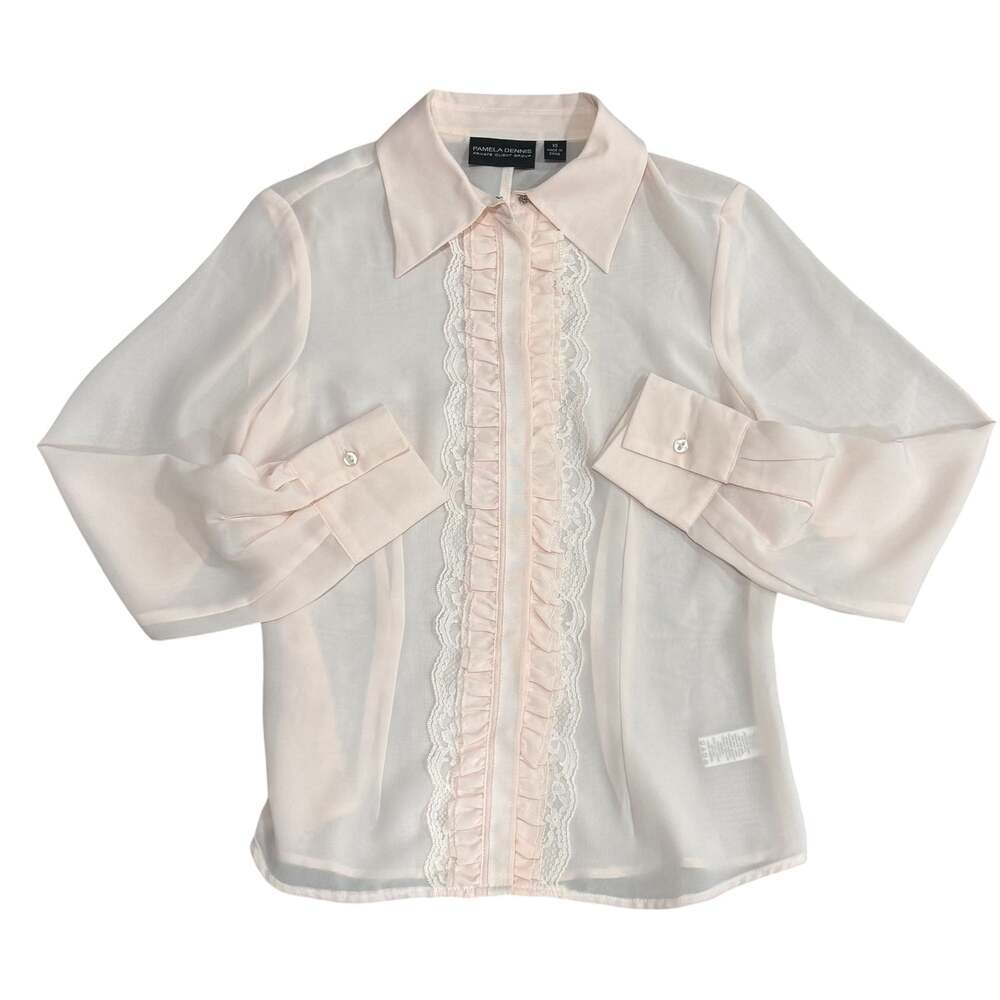 Pamela Dennis Light Pink Sheer Ruffle and Lace Front Long Sleeve Blouse SZ XS